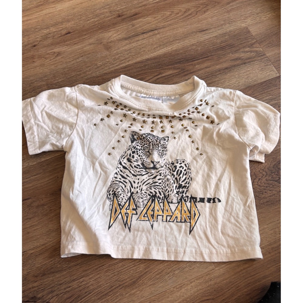 Def Leppard Kids Studded Leopard Graphic Tee Cream Rock Band Shirt Size 6/6X